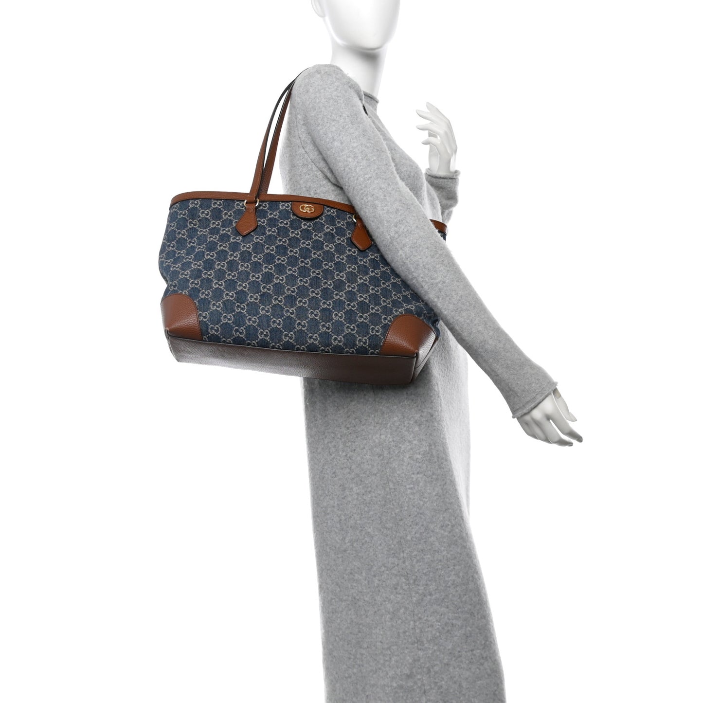 New Denim GG Monogram Medium Ophidia Shopping Tote Blue Tea Cuir