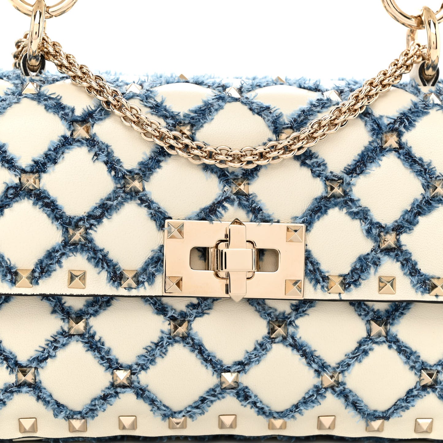 Nappa Denim Quilted Rockstud Medium Spike Shoulder Bag Ivory Blue