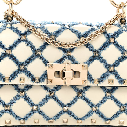 Valentino Garavani Nappa Denim Quilted Rockstud Medium Spike Shoulder Bag Ivory Blue 8 of 12