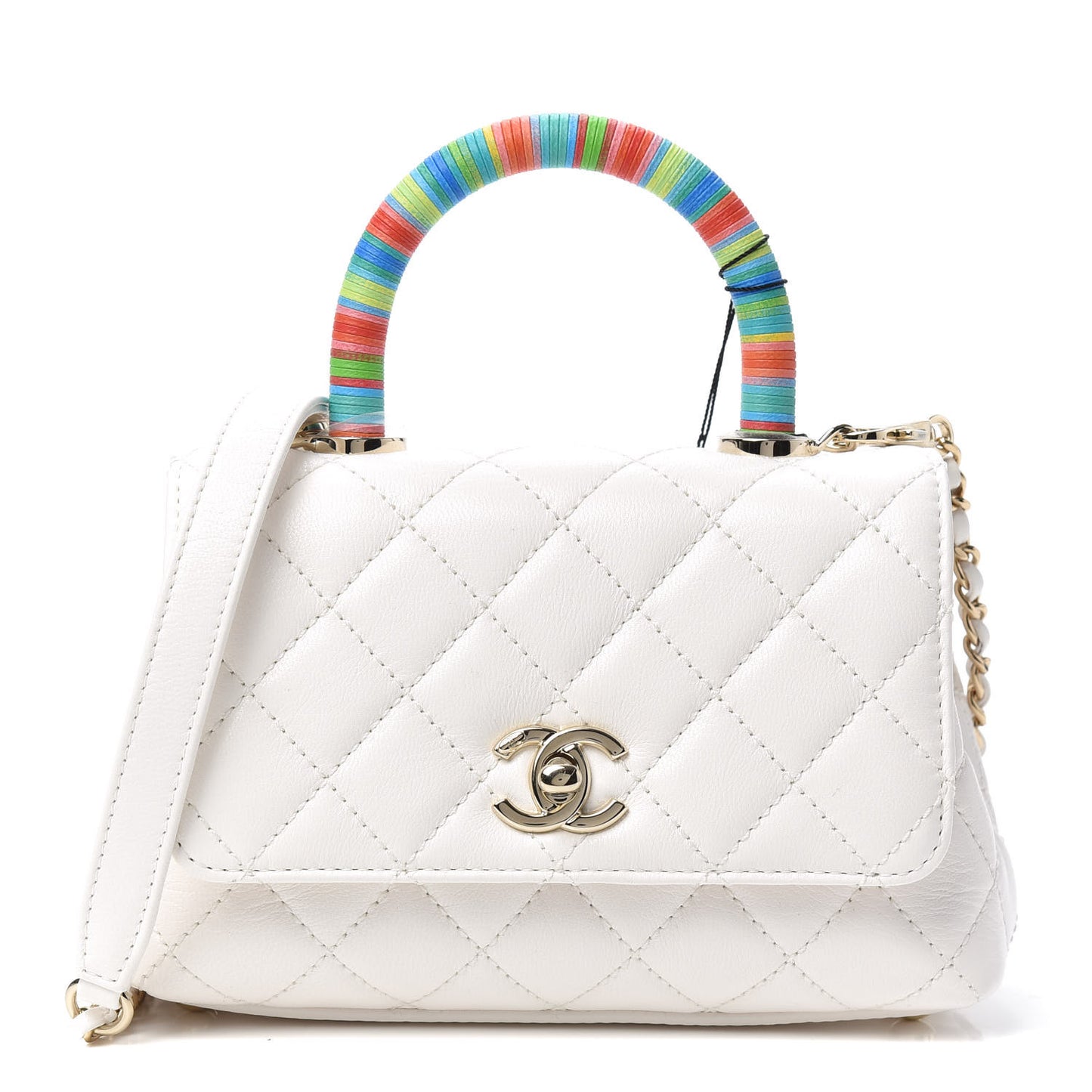 Goatskin Quilted Extra Mini Rainbow Coco Handle Flap White