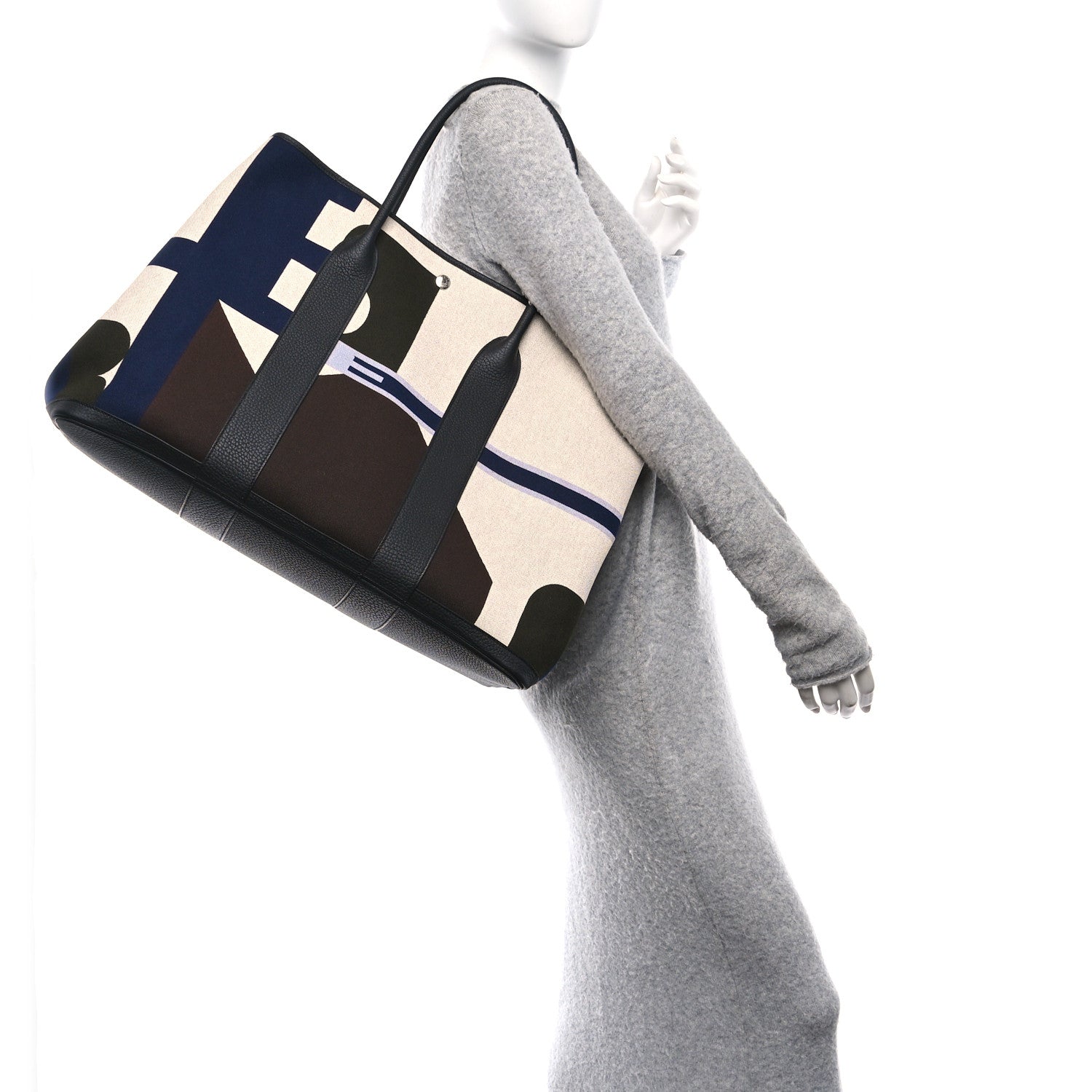 Hermes Toile H Plume Negonda Voyage Garden Party Tote 49 Bleu Indigo Ecru Beige Black 2 of 9