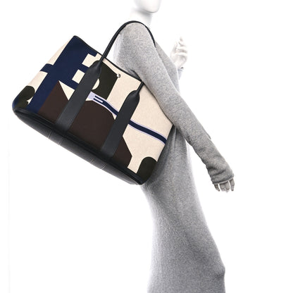 Hermes Toile H Plume Negonda Voyage Garden Party Tote 49 Bleu Indigo Ecru Beige Black 2 of 9