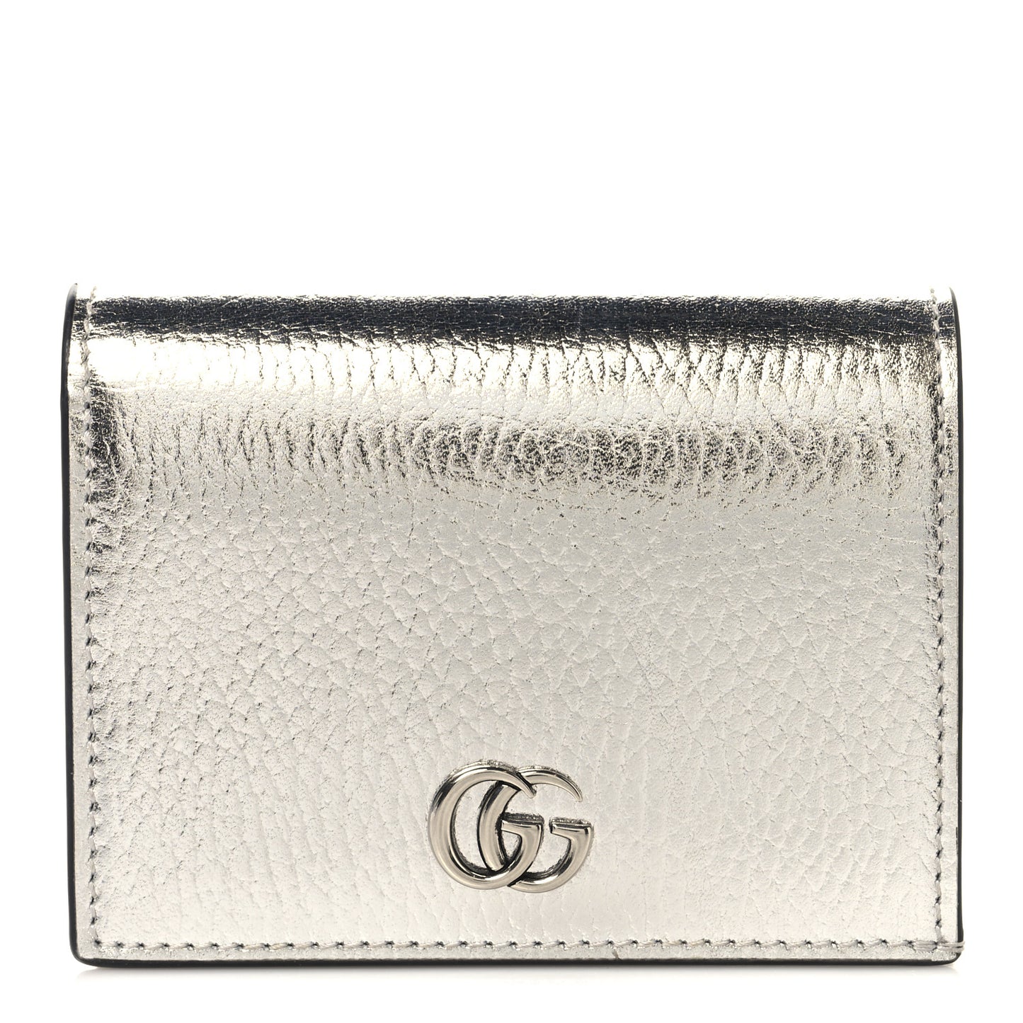 Metallic Calfskin GG Marmont Card Case Silver