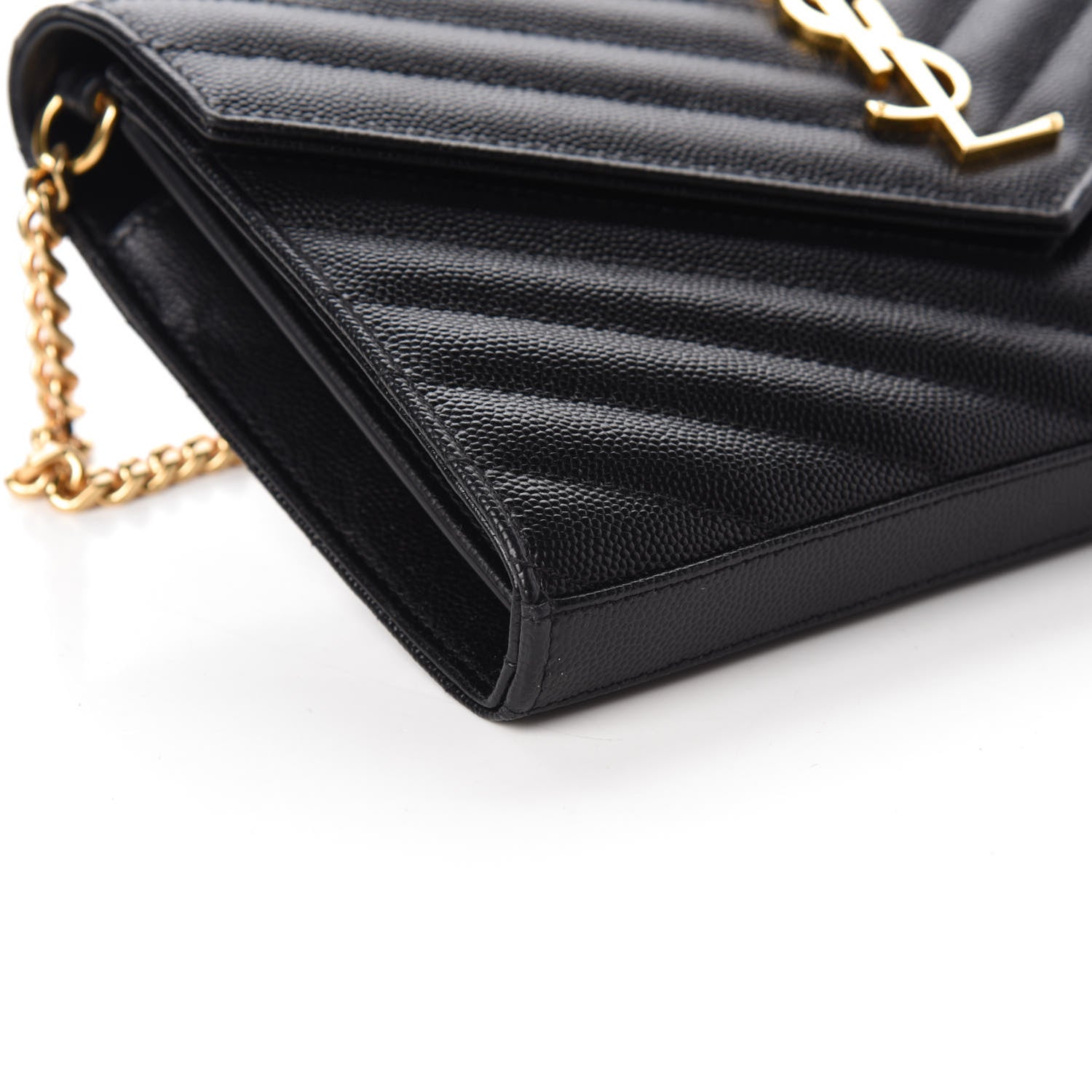 Saint Laurent Grain De Poudre Matelasse Chevron Monogram Chain Wallet Black 8 of 9