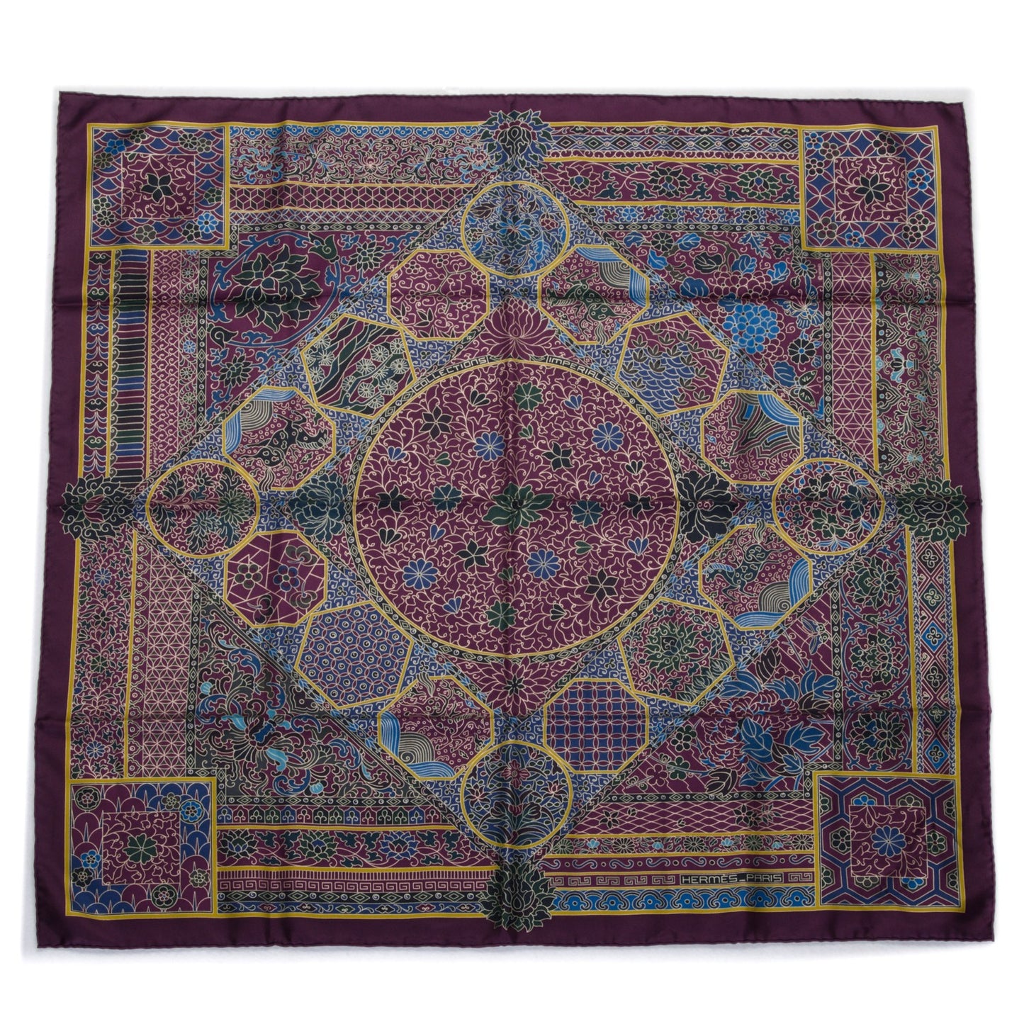 Silk Collections Imperiales Scarf 90 Aubergine Vert Bleu