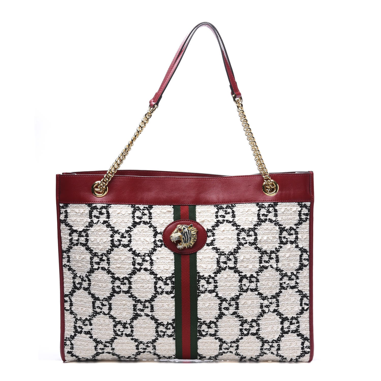 Gucci Tweed GG Monogram Large Rajah Chain Tote White Black Romantic Cherry 1 of 12