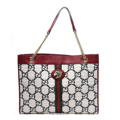 Gucci Tweed GG Monogram Large Rajah Chain Tote White Black Romantic Cherry 1 of 12