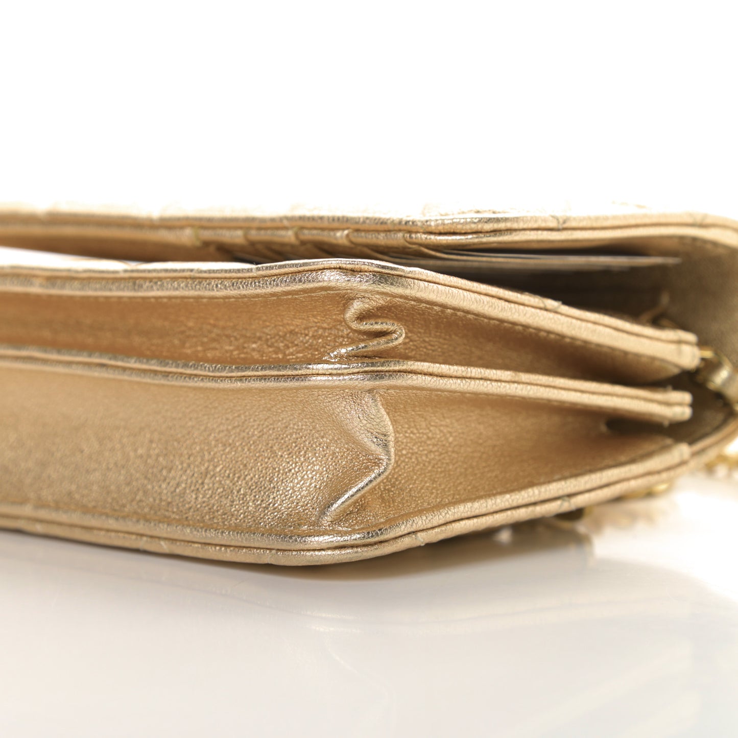 Metallic Lambskin Quilted Mini Wallet On Chain WOC Gold