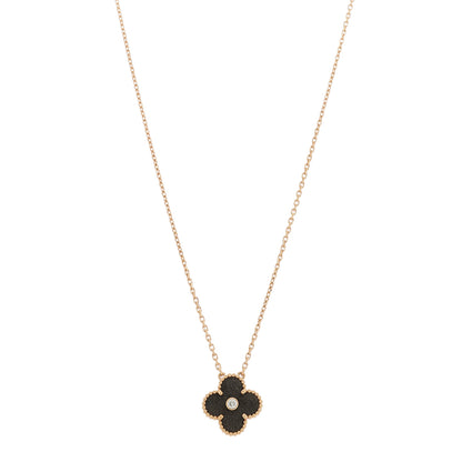 Van Cleef & Arpels 18K Rose Gold Diamond Silver Obsidian Vintage Alhambra Pendant Necklace 1 of 6
