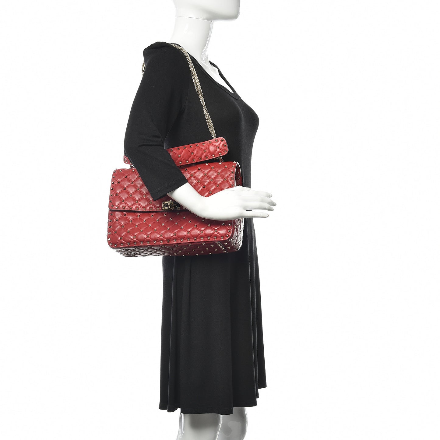 Lambskin Large Rockstud Spike Shoulder Bag Red