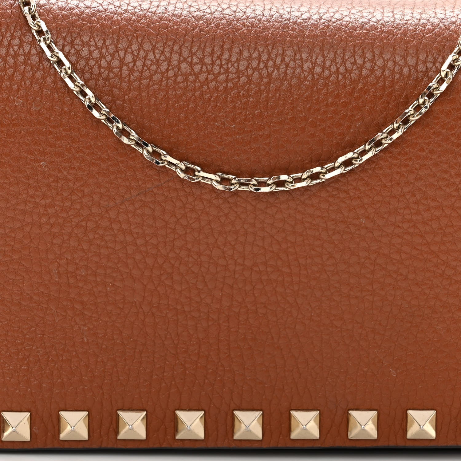 Valentino Garavani Pebbled Calfskin Rockstud Wallet On Chain Saddle Brown 7 of 9