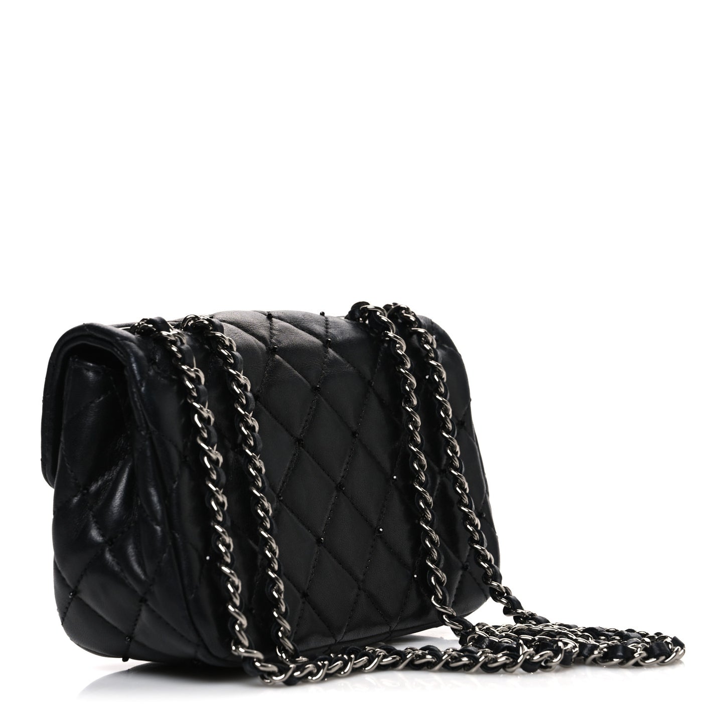 Lambskin Quilted Beaded Extra Mini Rectangular Flap Black