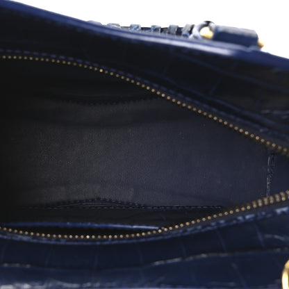 Balenciaga Shiny Supple Calfskin Crocodile Embossed Neo Classic Gold Hardware Mini City Navy 5 of 10