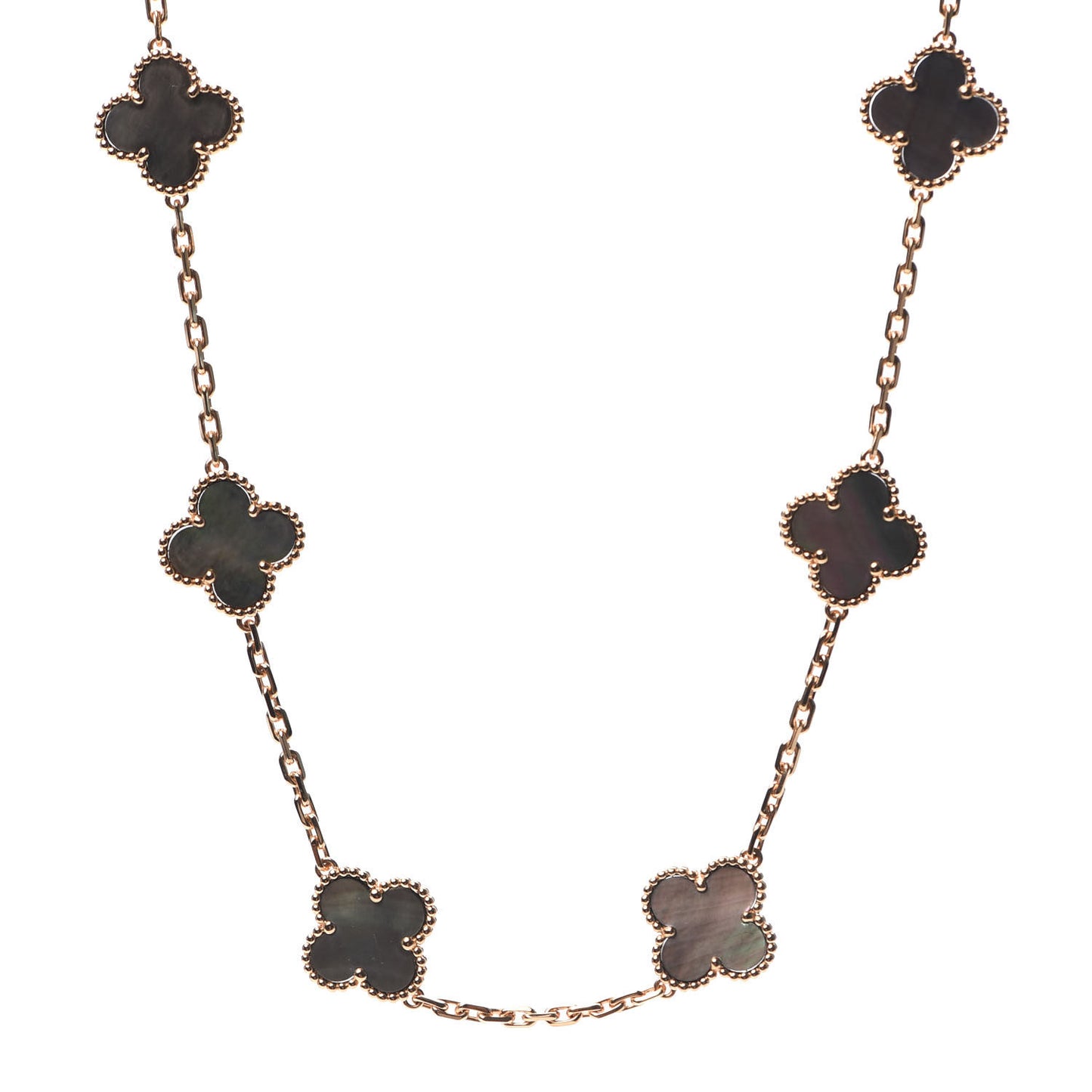 18K Rose Gold Grey Mother of Pearl 10 Motifs Vintage Alhambra Necklace
