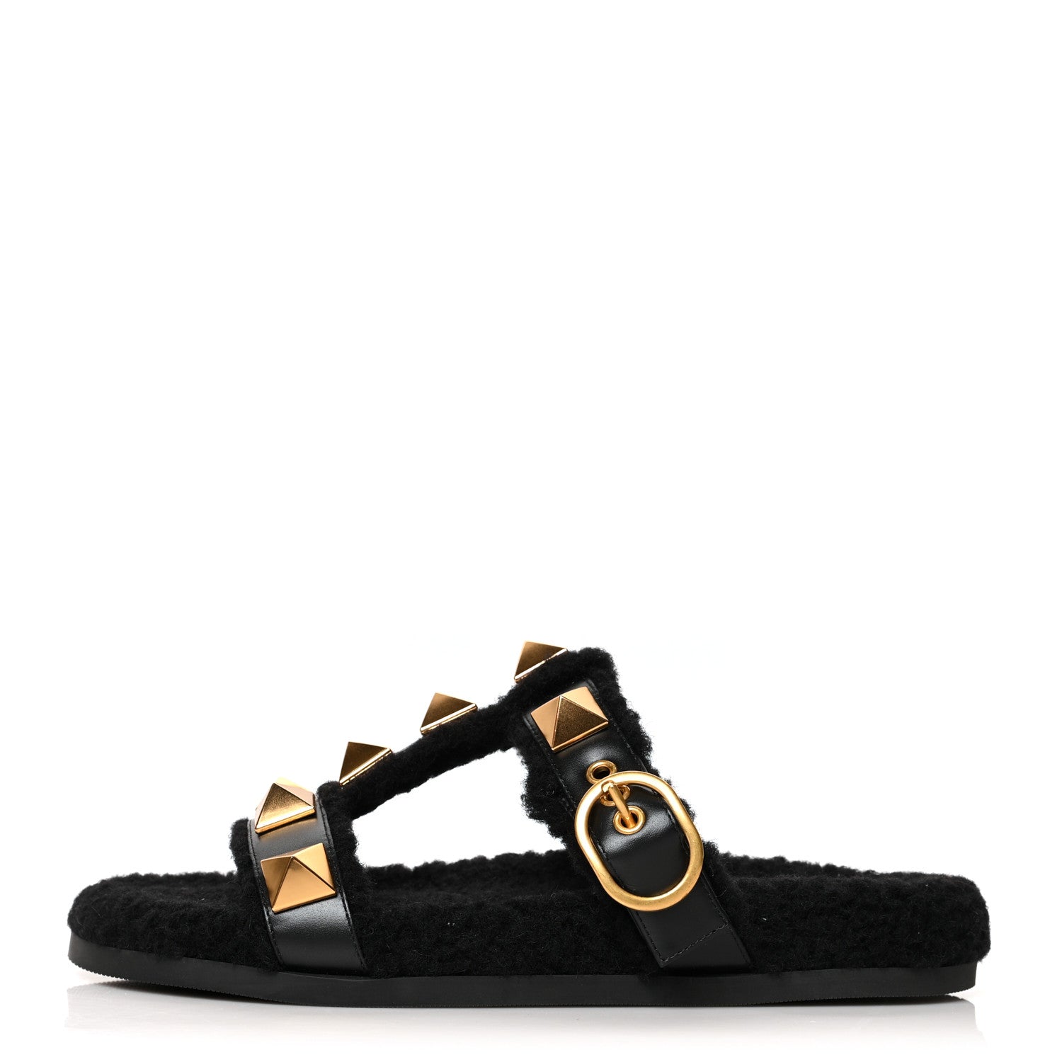 Valentino Garavani Shearling Roman Stud 5mm Slide Sandals 37 Black 1 of 8