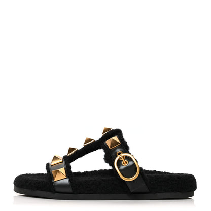 Valentino Garavani Shearling Roman Stud 5mm Slide Sandals 37 Black 1 of 8