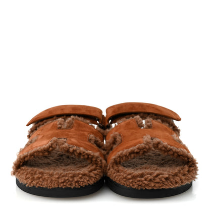 Hermes Suede Goatskin Shearling Womens Chypre Sandals 38.5 Gold 3 of 9