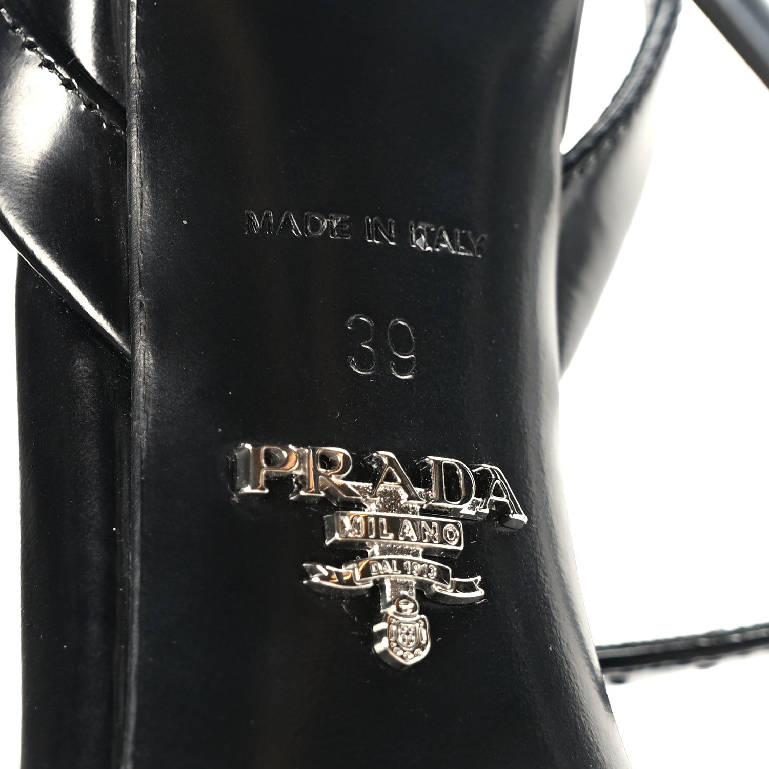 Prada Spazzolato Metal Triangle Logo Ankle Strap 100mm Sandals 39 Black 7 of 8