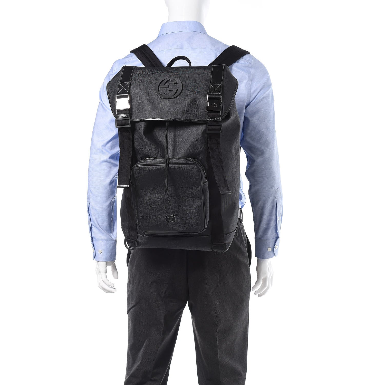 Gucci Coated Canvas Interlocking G Double Buckle Backpack Black 2 of 13