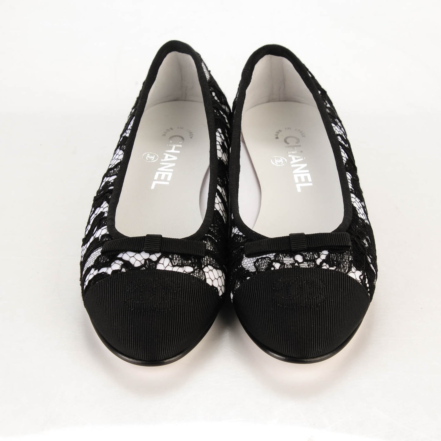 Lace Grosgrain Cap Toe Ballerina Flats 36.5 Black White
