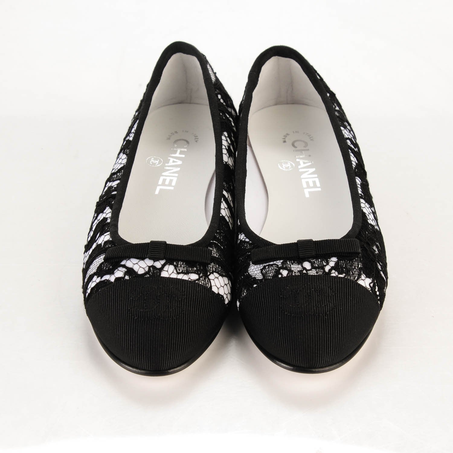 Chanel Lace Grosgrain Cap Toe Ballerina Flats 36.5 Black White 2 of 8