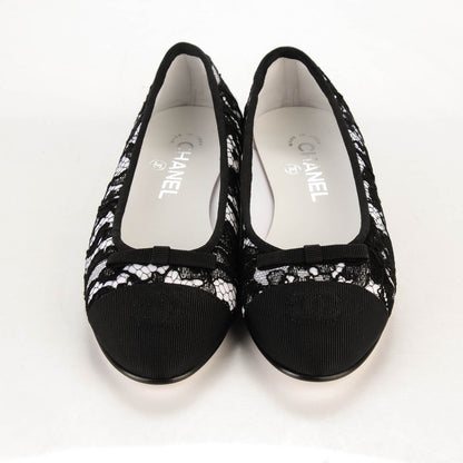 Chanel Lace Grosgrain Cap Toe Ballerina Flats 36.5 Black White 2 of 8
