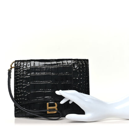 Balenciaga Shiny Calfskin Crocodile Embossed Hourglass Gusset Pouch Black 2 of 10