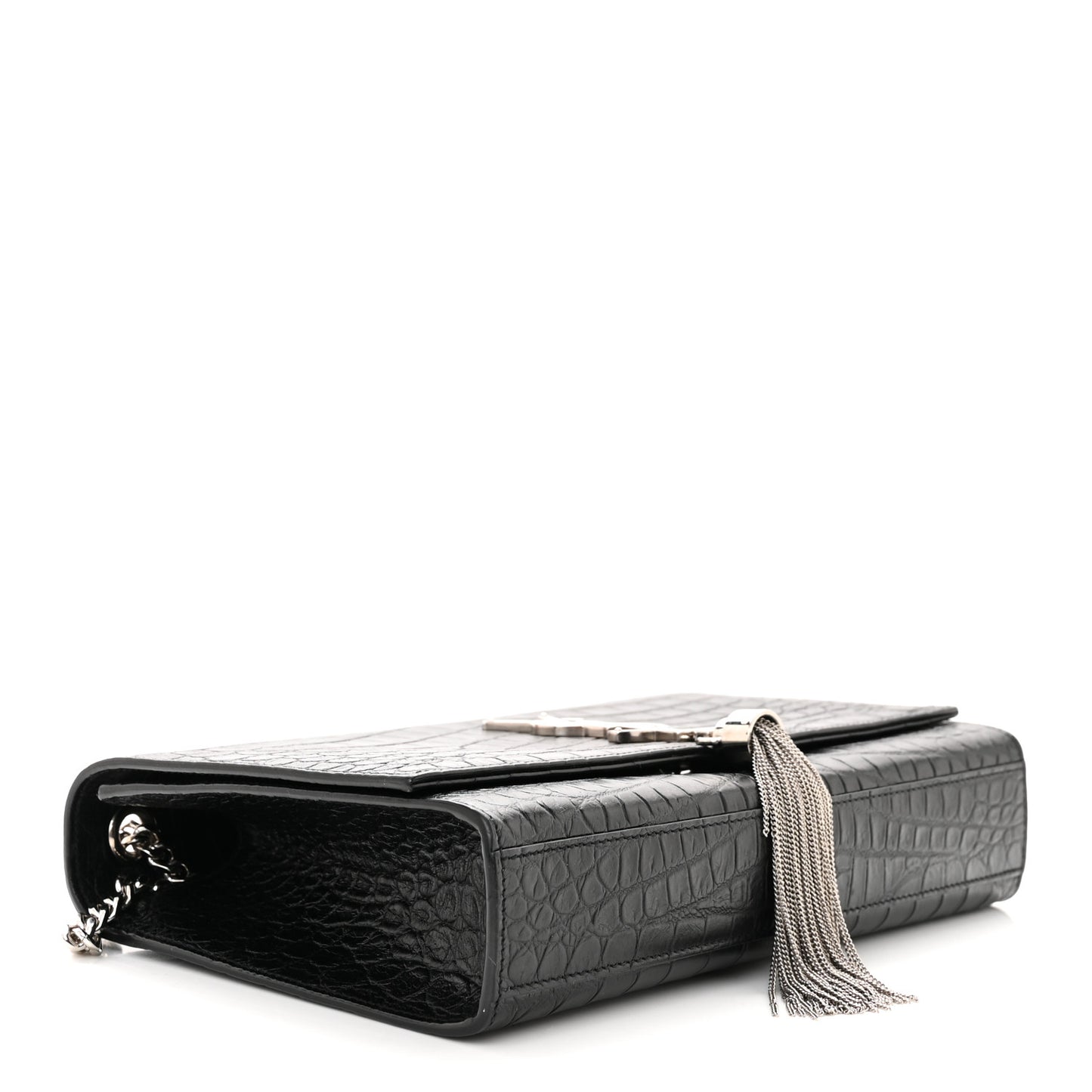 Calfskin Crocodile Embossed Medium Classic Monogram Kate Tassel Satchel Sunset Black