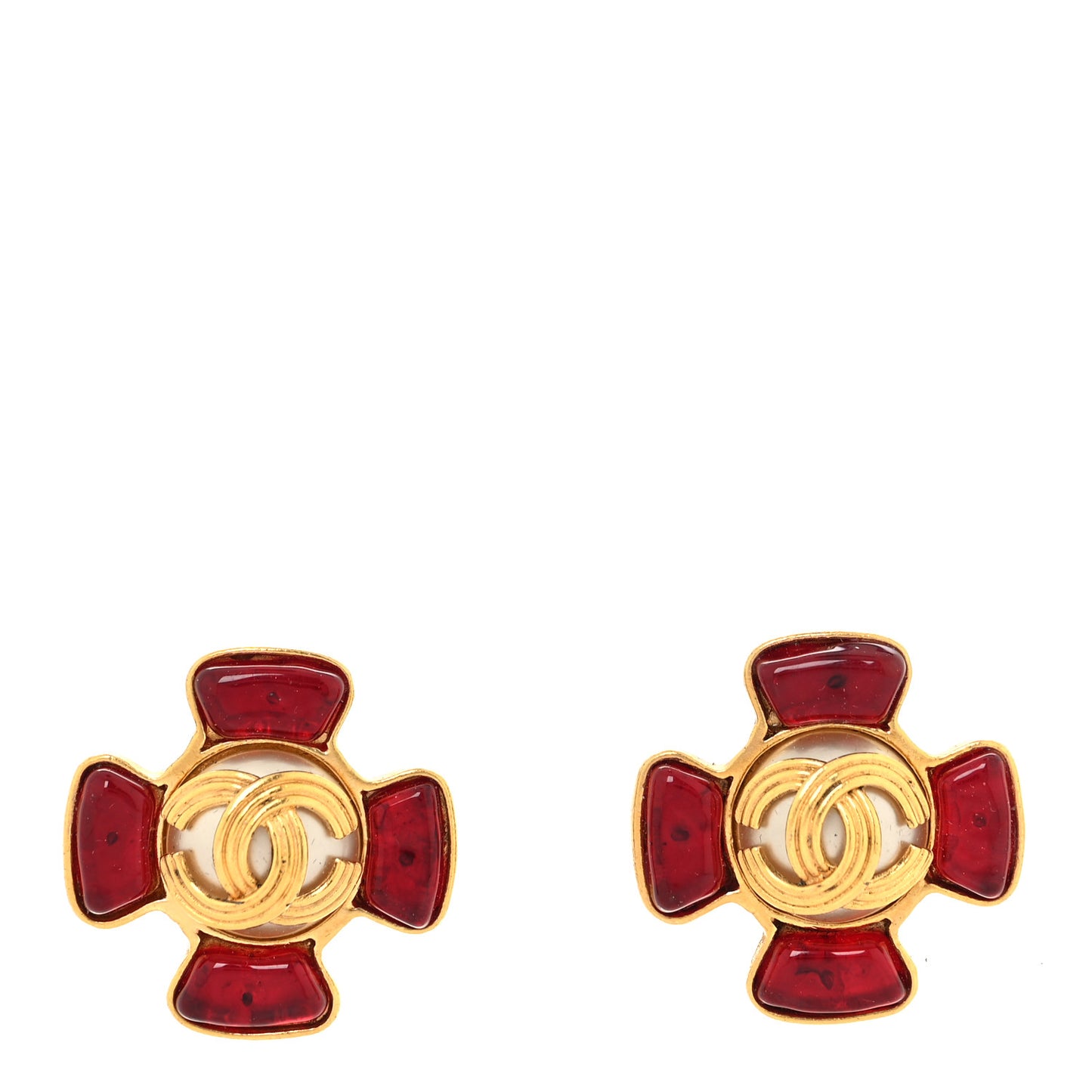 Metal Gripoix Clip On Earrings Gold Red
