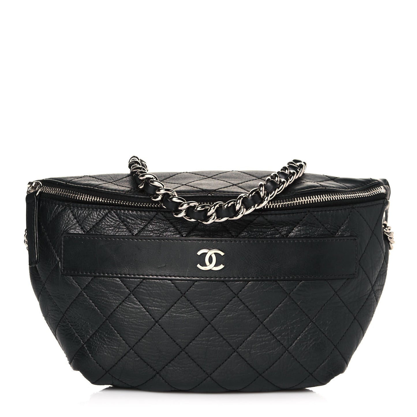 Aged Calfskin Quilted Crossbody Double Chain Bag Black