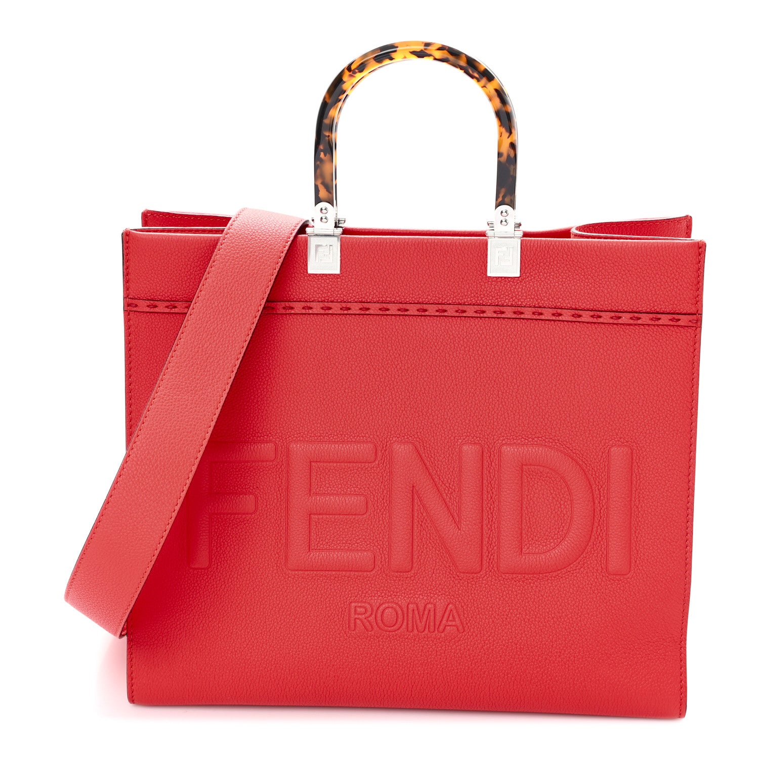 Fendi Vitello Cher Plexiglass Logo Debossed Medium Fendi Sunshine Shopper Tote Papavero 1 of 11