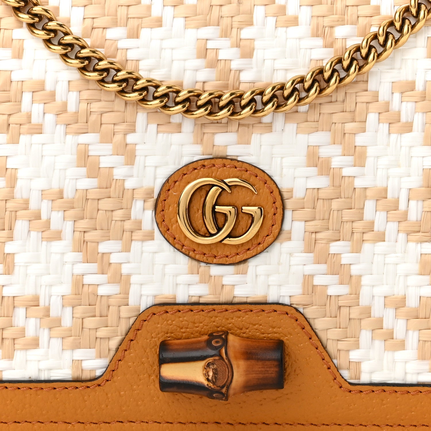 Gucci Polished Raffia Textured Dollar Calfskin Houndstooth Mini Diana Chain Bag Natural Sun Oil Mystic White 8 of 11