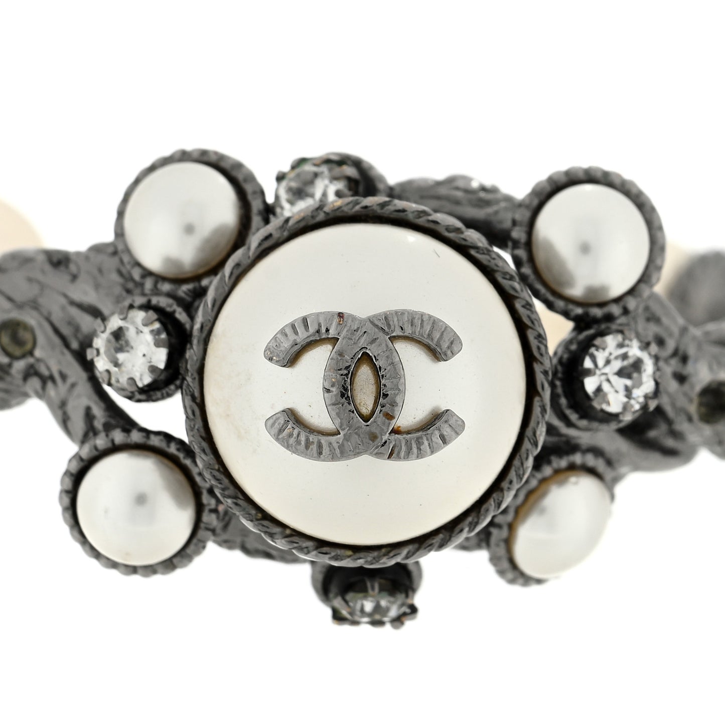 Metal Pearl Crystal CC Cuff Silver