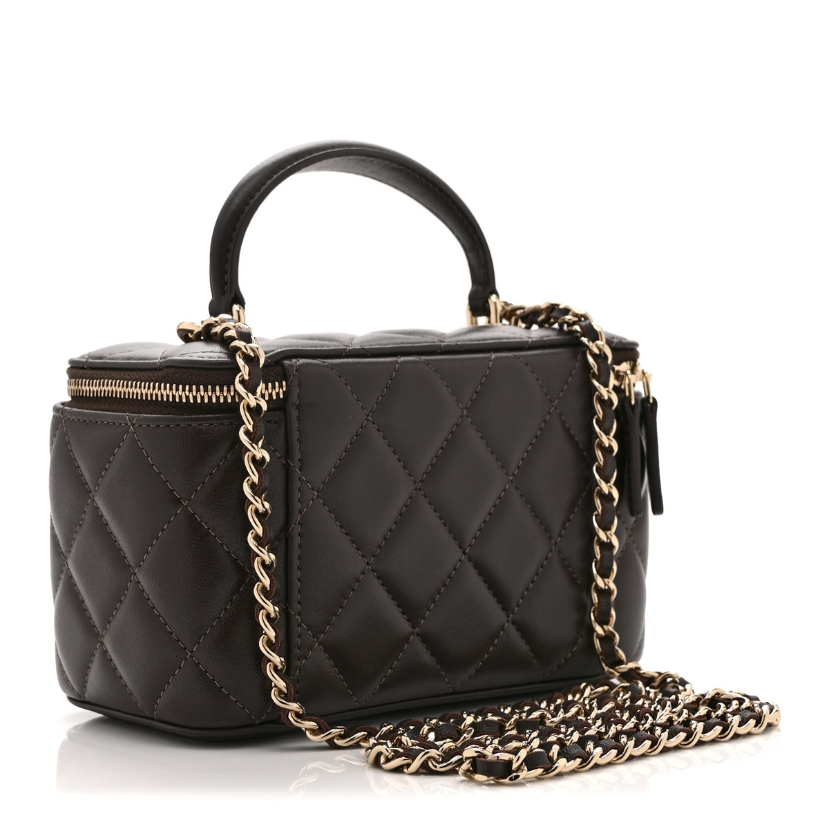 Lambskin Quilted Small Top Handle Vanity Case With Chain Dark Brown