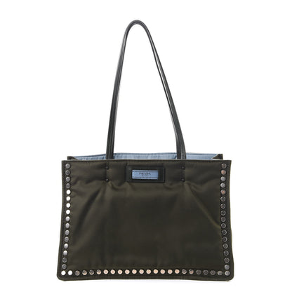 Prada Tessuto Nylon Etiquette Studded Tote Military Green 1 of 11