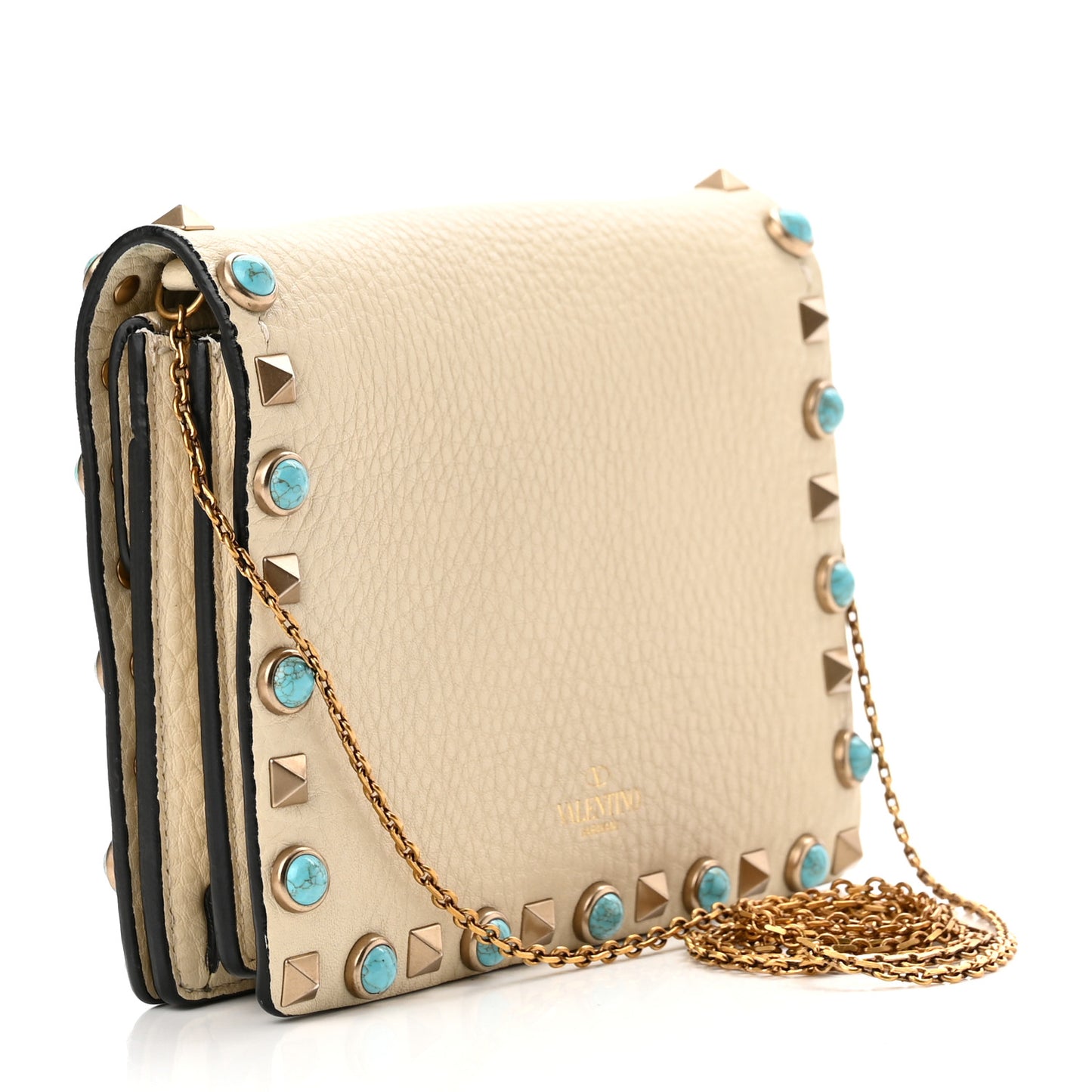 Grained Calfskin Rockstud Rolling Wallet on Chain Light Ivory
