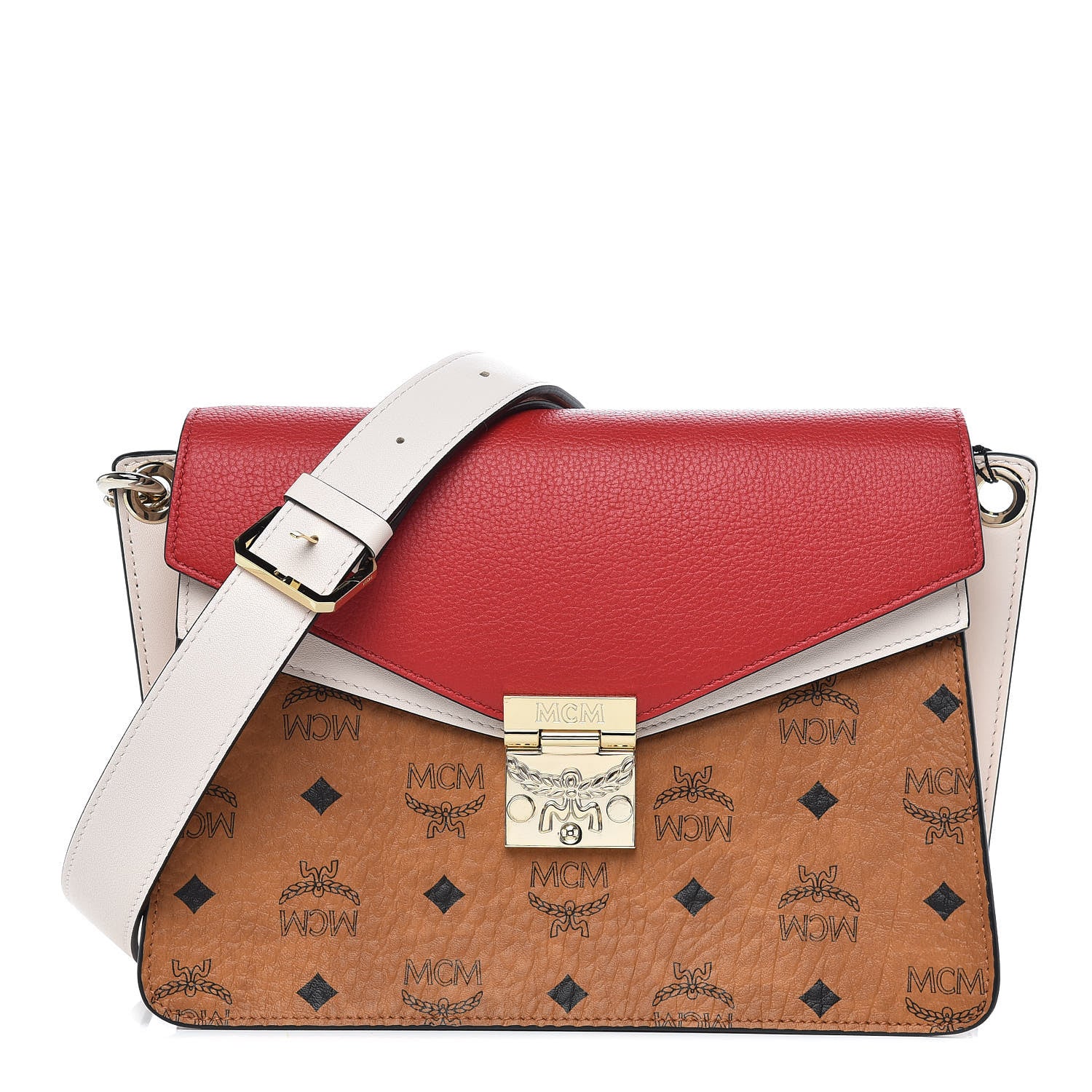 MCM Visetos Calfskin Colorblock Mezzanin Shoulder Bag Cognac Ruby Red 1 of 10