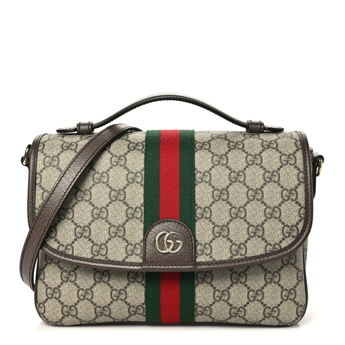 Gucci GG Supreme Monogram Textured Dollar Calfskin Medium Ophidia Top Handle Shoulder Bag Beige Brown 1 of 10