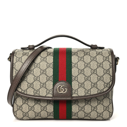 Gucci GG Supreme Monogram Textured Dollar Calfskin Medium Ophidia Top Handle Shoulder Bag Beige Brown 1 of 10
