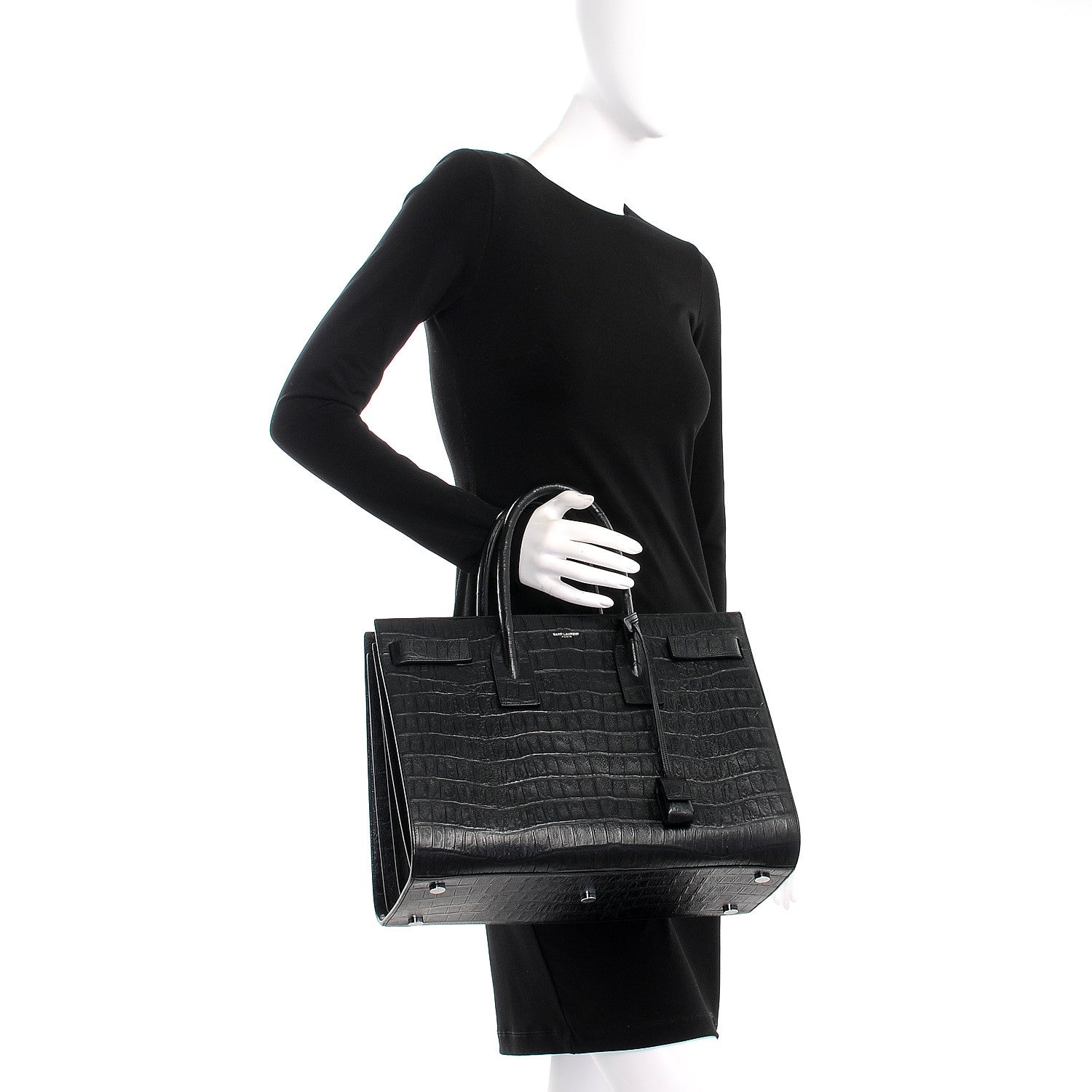 Saint Laurent Calfskin Crocodile Embossed Large Sac De Jour Carryall Black 2 of 7
