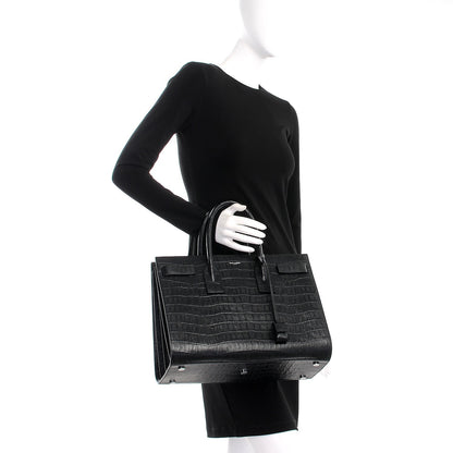 Saint Laurent Calfskin Crocodile Embossed Large Sac De Jour Carryall Black 2 of 7