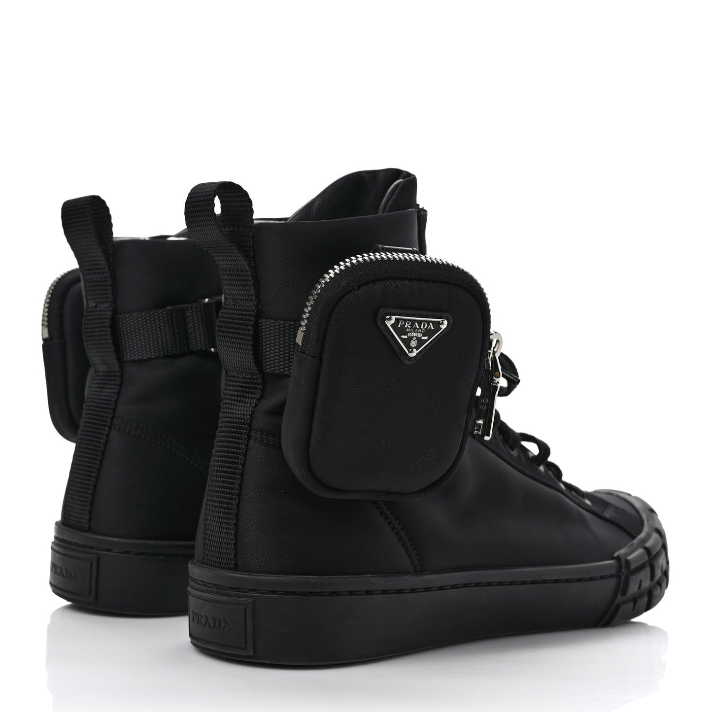 Re-Nylon Gabardine Metal Triangle Logo Mens Wheel Pouch Pocket High Top Sneakers 7.5 Black