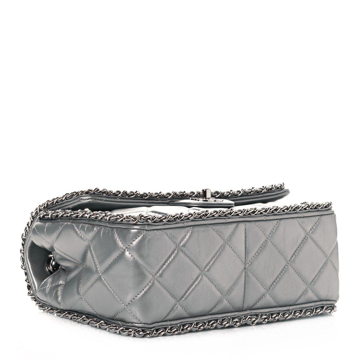 Metallic Lambskin Medium Chain All Over Flap Silver