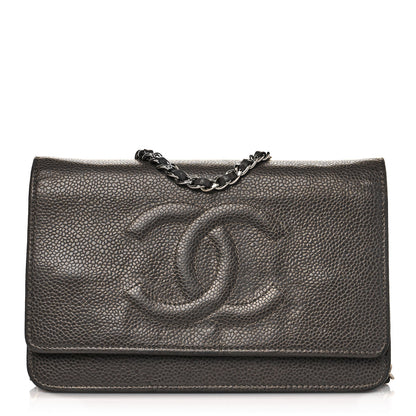Chanel Metallic Caviar Timeless CC Wallet On Chain WOC Dark Silver 1 of 16