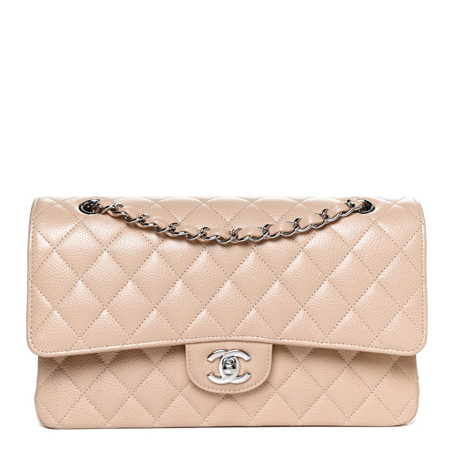 Caviar Quilted Medium Double Flap Beige