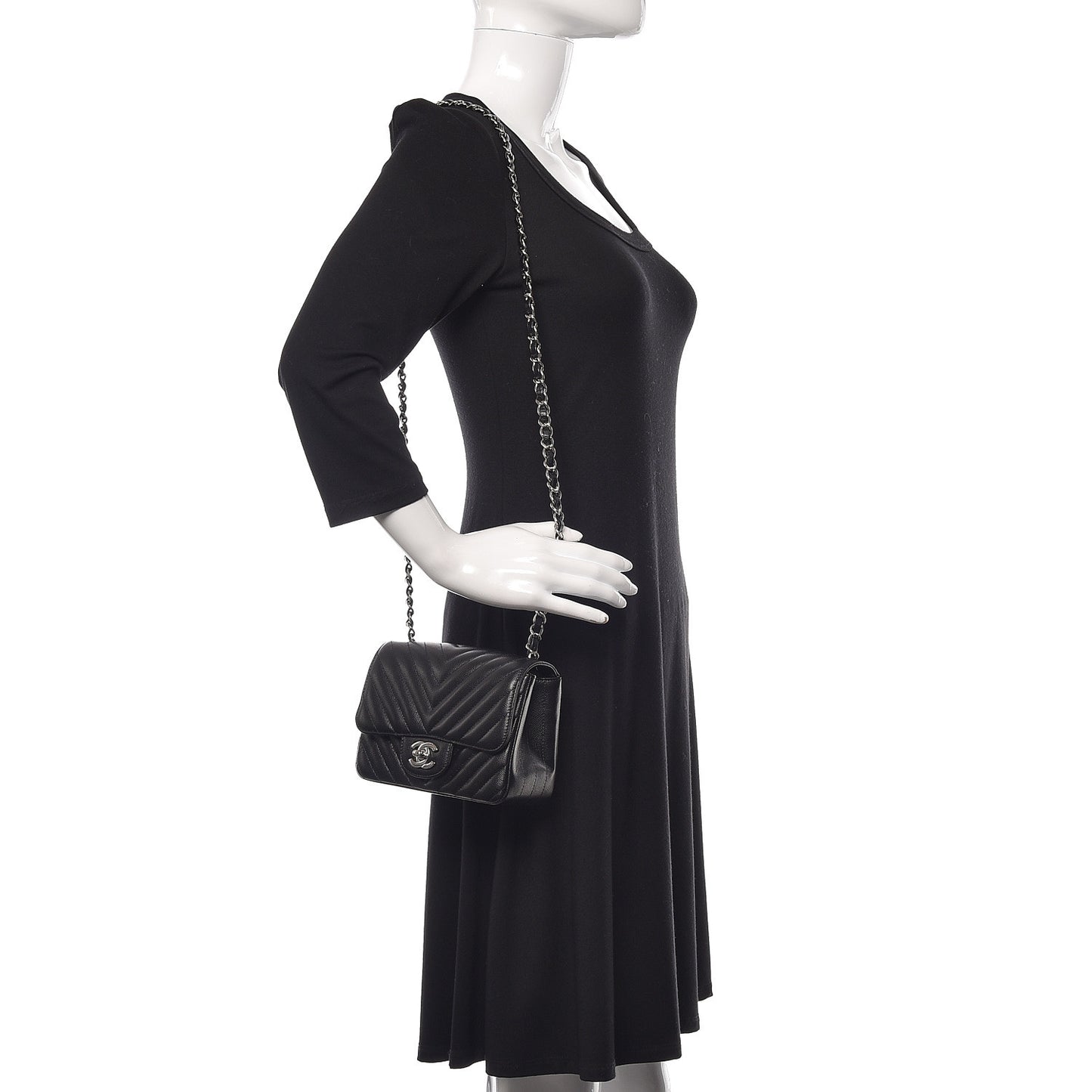 Caviar Chevron Quilted Mini Square Flap Black