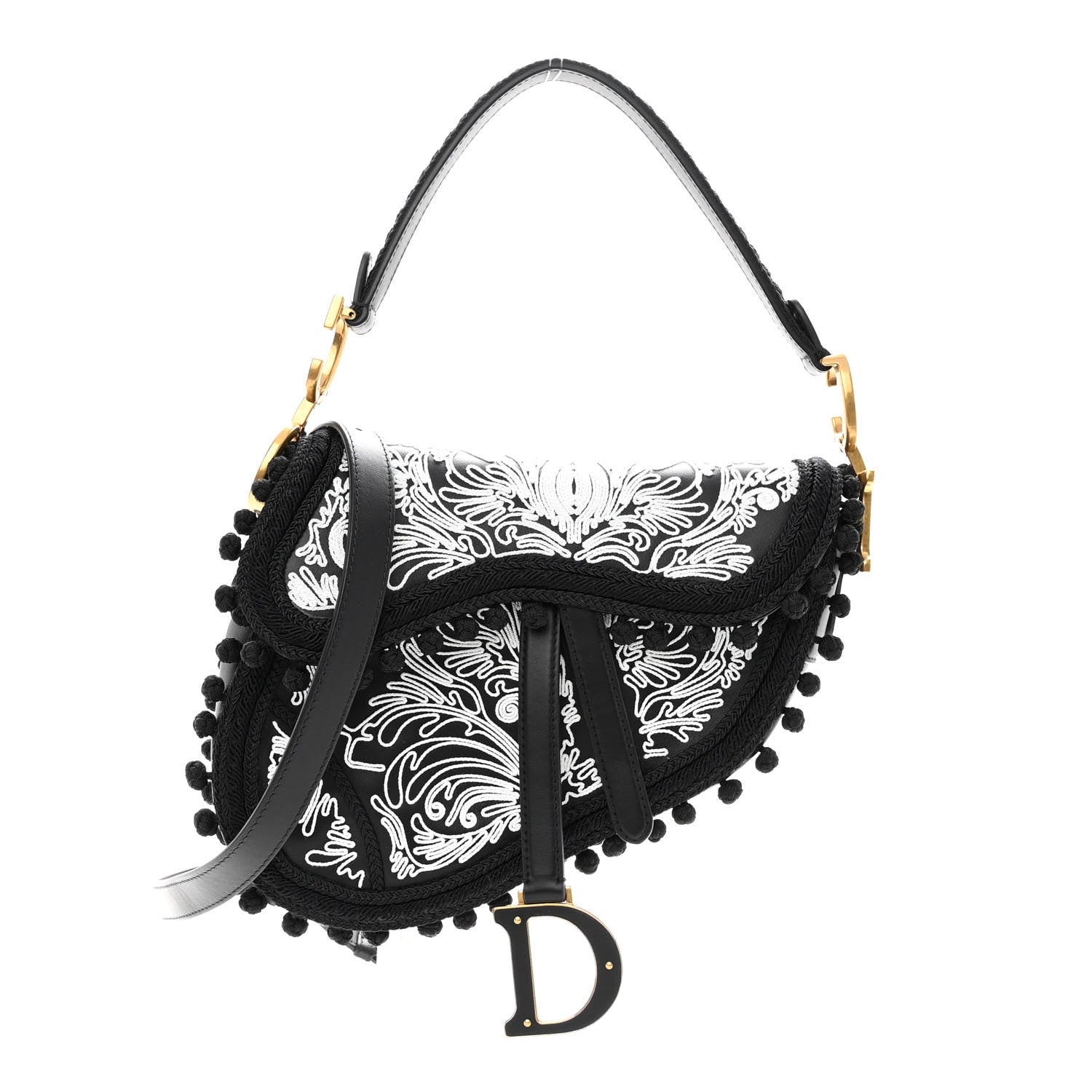 Christian Dior Calfskin Embroidered Saddle Bag Black White 1 of 9