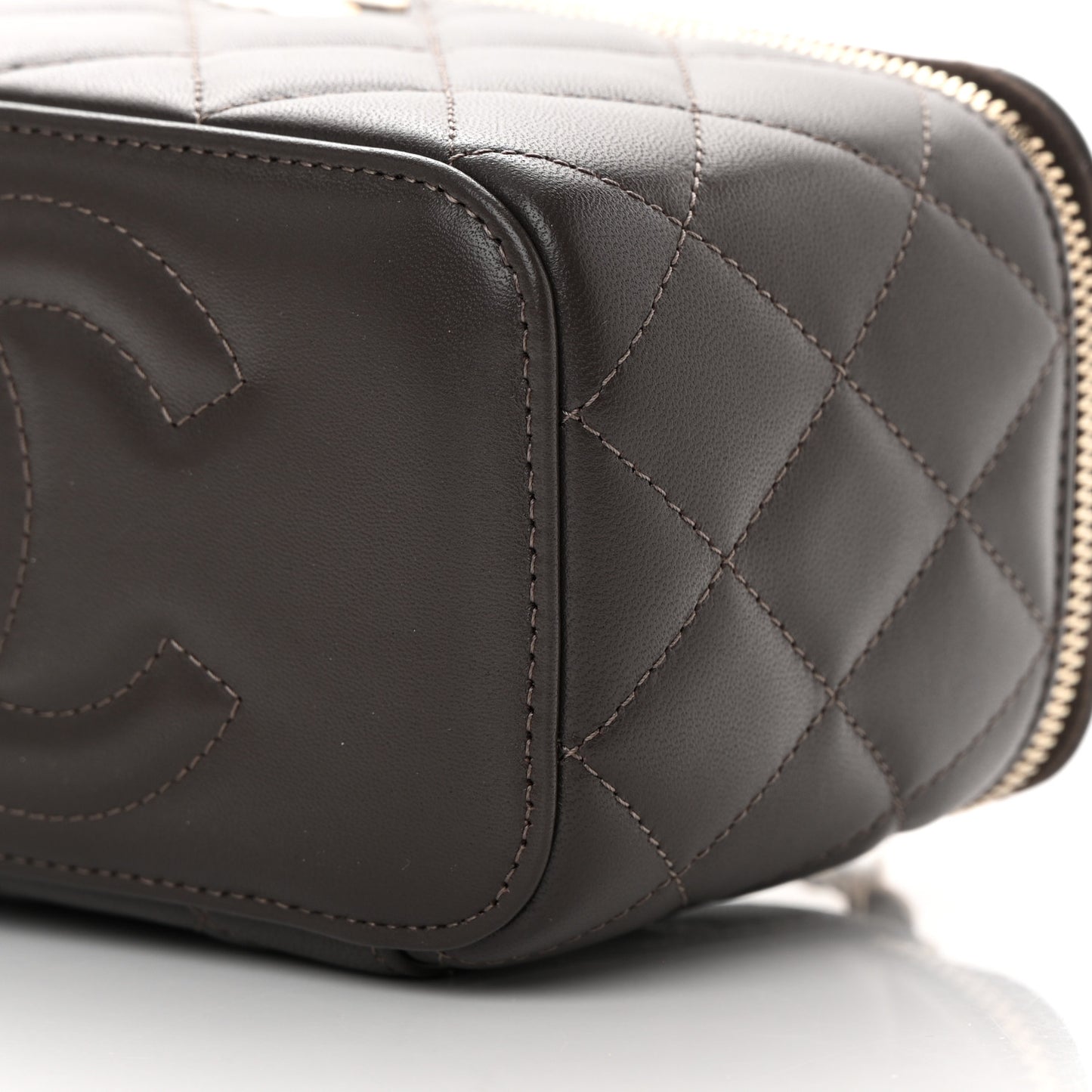 Lambskin Quilted Small Top Handle Vanity Case With Chain Dark Brown