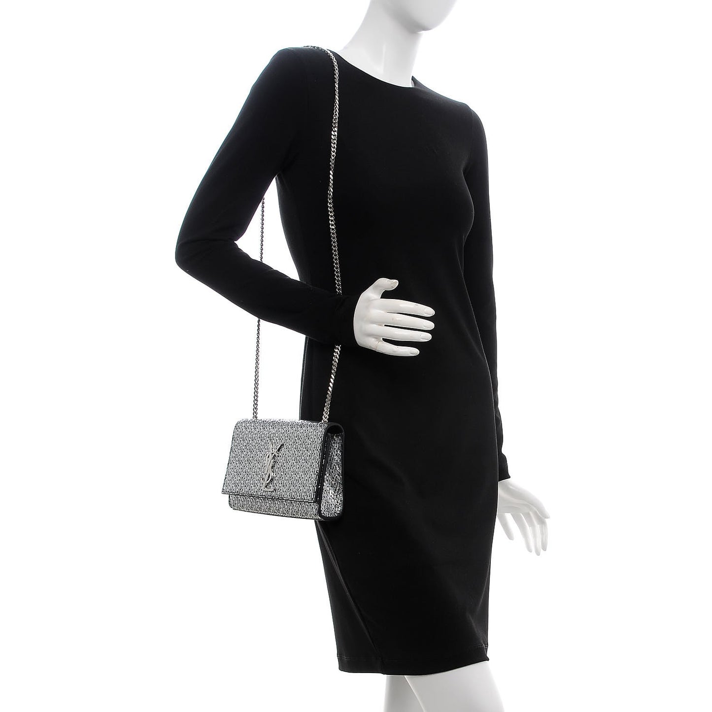 Metallic Calfskin Chevron Small Monogram Kate Satchel Black Argento