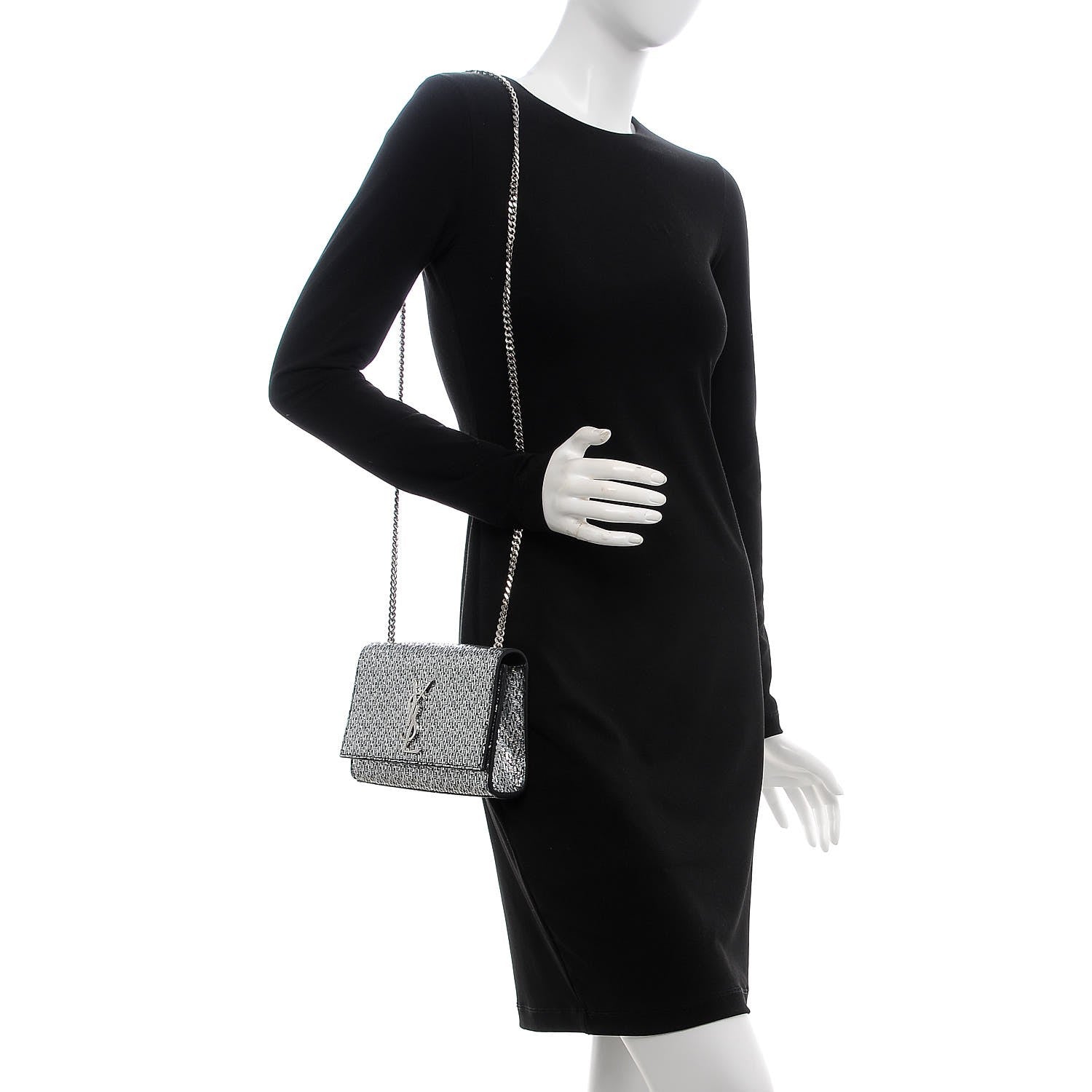 Saint Laurent Metallic Calfskin Chevron Small Monogram Kate Satchel Black Argento 2 of 7